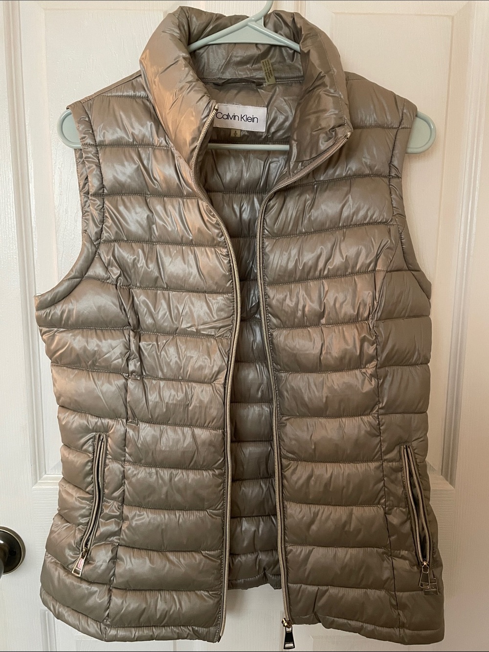 Calvin Klein Quilted Puffer Vest in Taupe Metallic